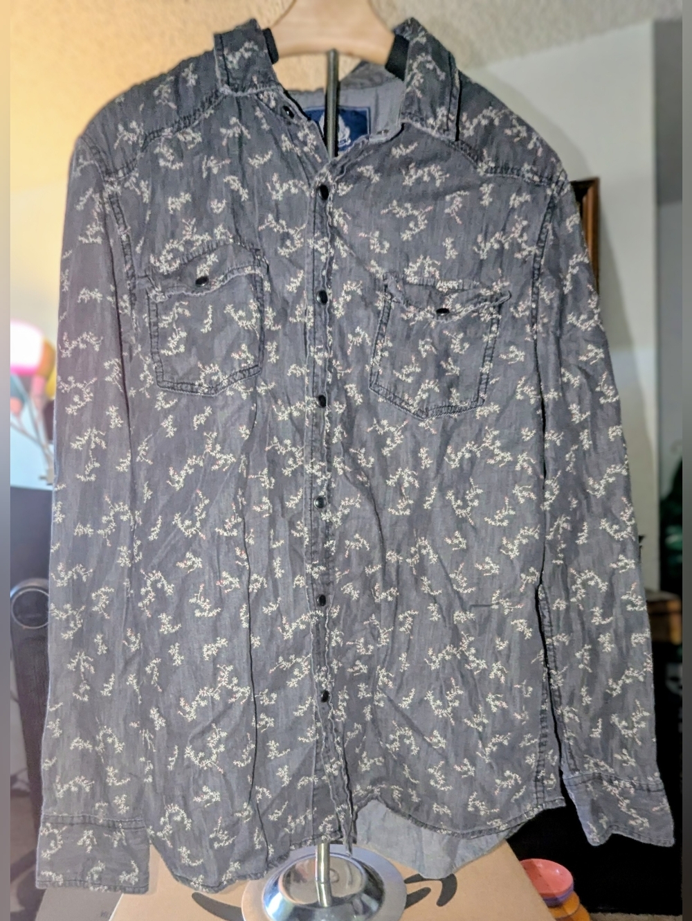 American Rag Blue and Gray Logo Patch Shirt